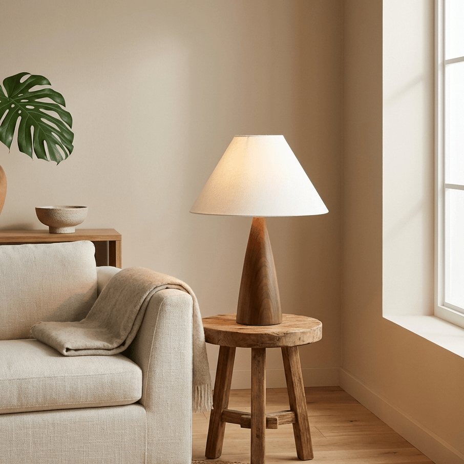 Retro Bordlampe I Massivt Tre Med Stoffskjerm For Stuer