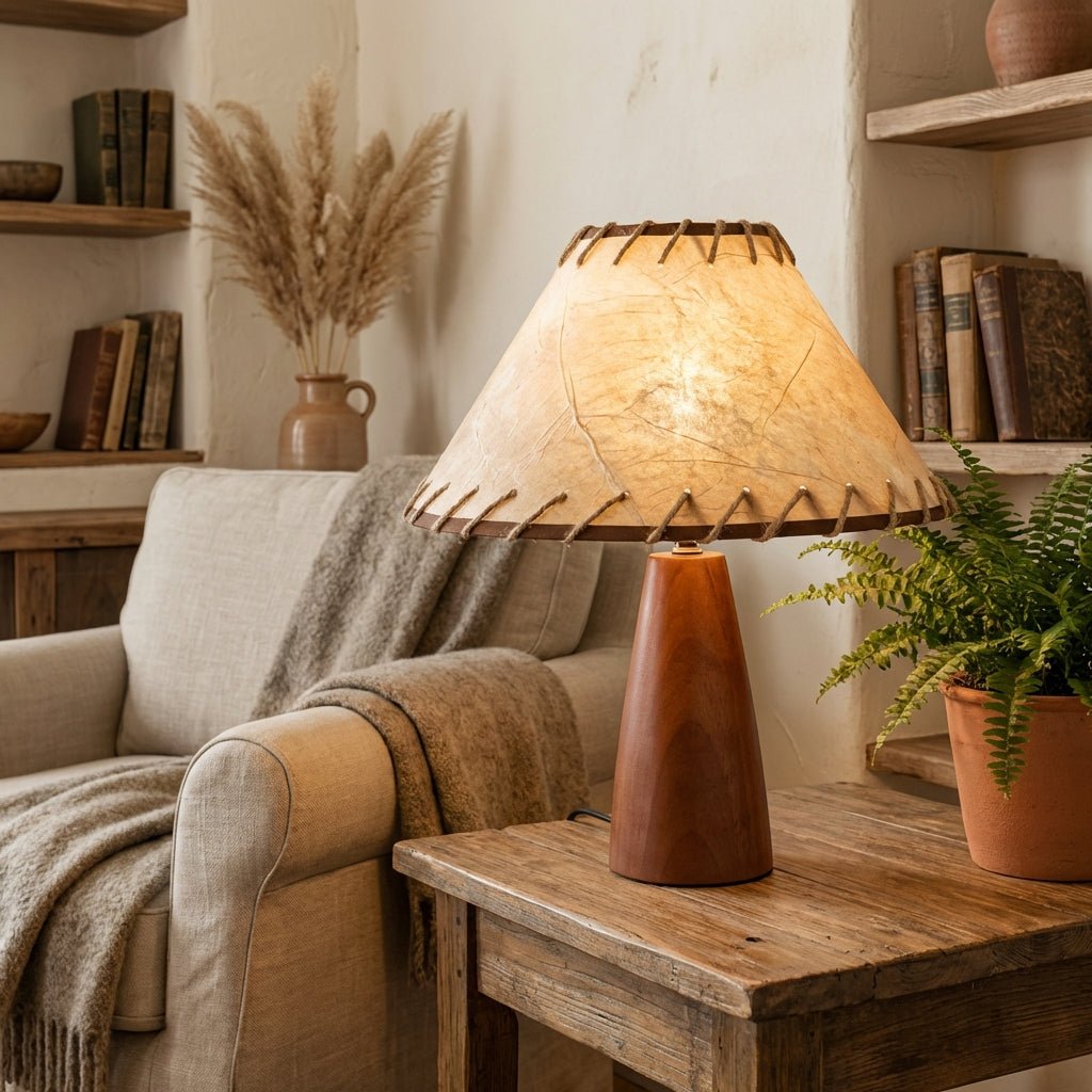 Retro Bordlampe I Massivt Tre Med Stoffskjerm For Stuer