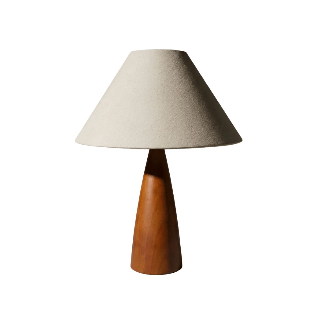 Retro Bordlampe I Massivt Tre Med Stoffskjerm For Stuer